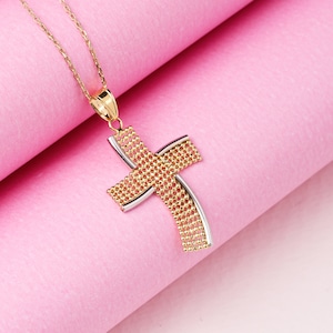 14K Gold Kreuz Halskette, Handgemachte Kreuz Anhänger ist erste Kommunion Geschenk, Konfirmation Geschenk, Geschenk für Weihnachten Geschenk für Mutter Taufe Geschenk