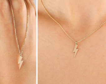 14K Minimalist Lightning Bolt Necklace, Yellow Gold Lightning Bolt Choker, 18K Gold Tiny Thunderbolt Pendant, Mens Lightning Bolt Charm Gift