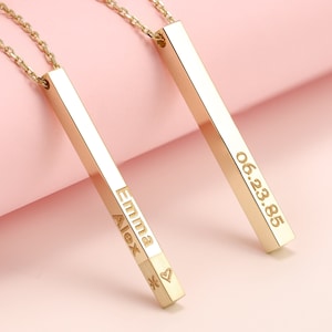 14K Solid Gold Personalized Vertical Name Bar Necklace, Family Name Necklace , Custom 4 Sided Bar Necklace, Engreved Name Necklace Gift