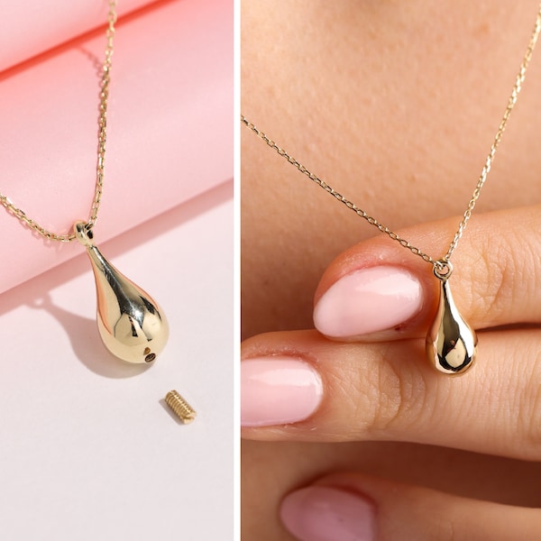 14K Real Gold Tear Drop Cremation Urn Necklace, Dad Mom Baby Son Ashes, Gold Keepsake Pendant For Pet Ashes, Ash Holder Pendant For Pet Loss