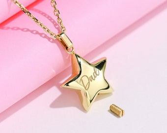 14K Solid Gold He/She Is A Star Cremation Urn Necklace, Cremate Necklace For Ashes, Gold Urn Pendant For Pet Ashes, Human Ashes Holder Charm