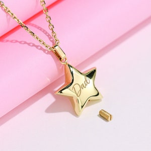 14K Solid Gold He/She Is A Star Cremation Urn Necklace, Cremate Necklace For Ashes, Gold Urn Pendant For Pet Ashes, Human Ashes Holder Charm