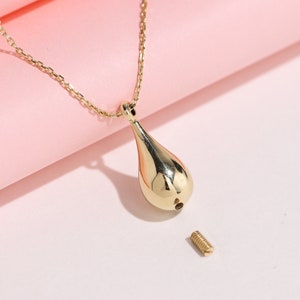 14K echt gouden druppel crematie urn ketting, vader moeder baby zoon as, gouden aandenken hanger voor huisdier as, ashouder hanger voor verlies huisdier