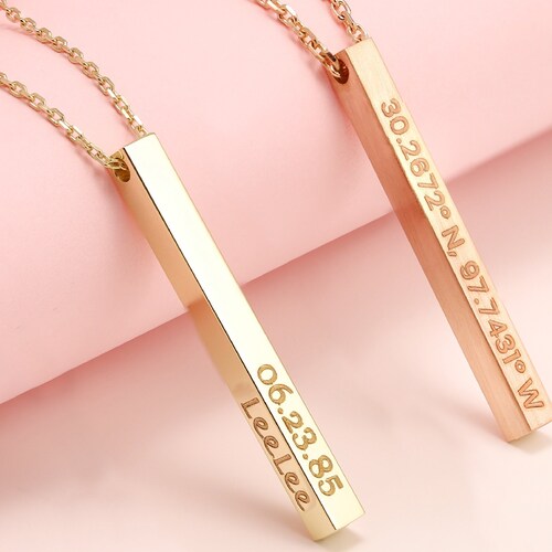 Solid 14K Gold Bar Necklace Personalized Text or Name Etsy