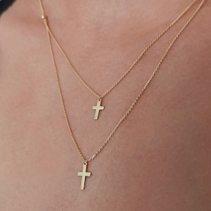 14K Gold Cross Necklace, Double Strand Cross Necklace, Cross Layering Necklace Gift For Christmas, Gift For Mother
