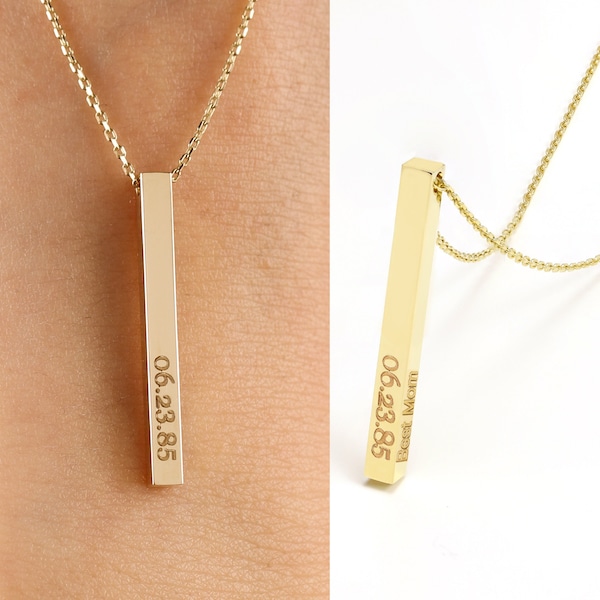 14K Solid Gold Personalized Vertical Name Bar Necklace, Family Name Necklace , Custom 4 Sided Bar Necklace, Engreved Name Necklace Gift