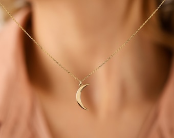 Collar de luna de oro macizo de 14 quilates, colgante de luna creciente, delicada joyería celestial para Navidad