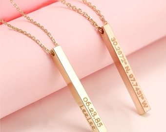 14K Gold Sided Custom Name Bar Necklace, Gold Bar Necklace