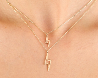 14K Gold Lightning Bolt Pendant Necklace, Cutout Thunderbolt Charm