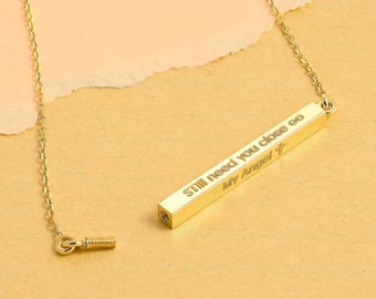 14K Solid Gold Cremation Urn Necklace, Personalized Memorial Ash Holder 4 Sided Bar Necklace