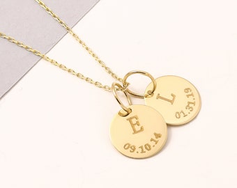 14K Gold Personalized Initial Birthdate Necklace, Custom Date Disc Necklace or Personalized Initial Necklace, Initial Date of Birth Necklace