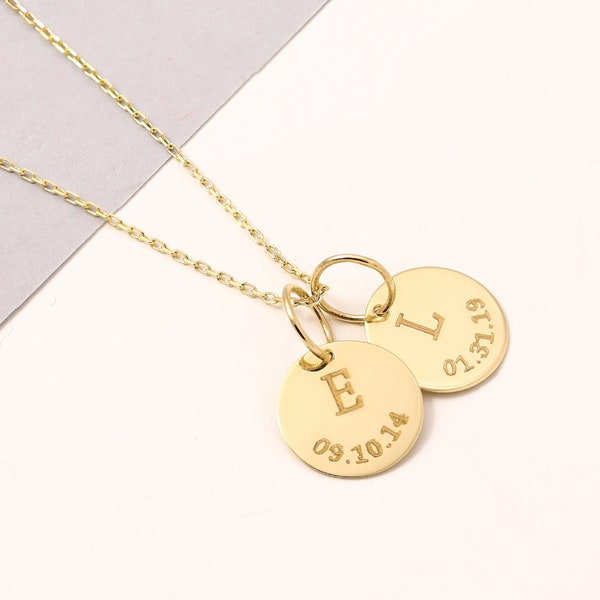 Collier de date de naissance initial personnalisé en or 14K, collier de disque de date personnalisé ou collier initial personnalisé, collier de date de naissance initiale