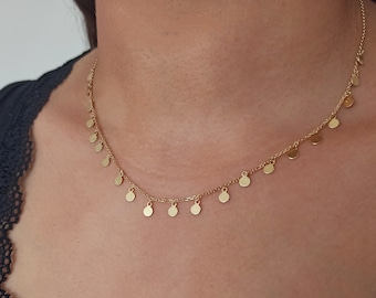 14K Real Gold Drop Multi Disk Necklace, Multiple Tiny Gold Coin Layered Necklace, Gold Disc Choker Necklace Gift For Her Gift For Christmas