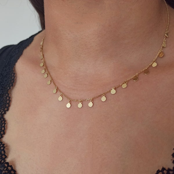 14K Real Gold Drop Multi Disk Necklace, Multiple Tiny Gold Coin Layered Necklace, Gold Disc Choker Necklace Gift For Her Gift For Christmas