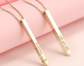 Collar con barra de oro macizo de 14 quilates grabada a medida con nombre, colgante de barra vertical móvil de 4 lados.