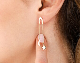 14K Solid Gold Moon and Star Dangle Earrings