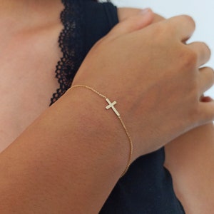 14K Gold Tiny Cross Bracelet, Mini Sideways Cross Bracelet, Celebrity Style Cross Bracelet Gift For Christmas Gift For Mother, Baptism Gift image 1