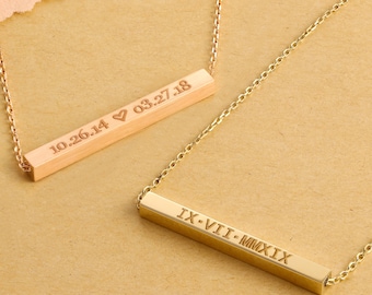14K Real Gold Custom Engraved 3D Bar Necklace, Personalized Name, Date on Floating Bar