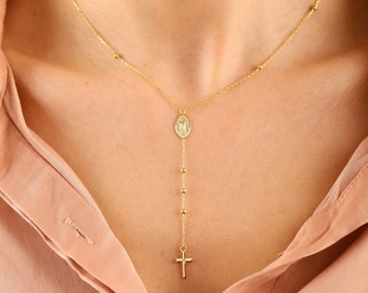 14K Solid Gold Satellite Chain Rosary Cross Necklace, Dainty Beaded Chain Lariat Virgin Mary and Cross Necklace Is Great Gift For Christmas