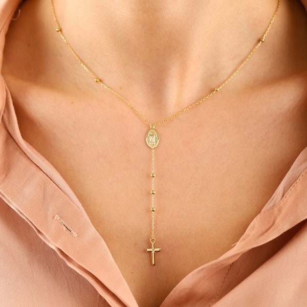 14K Solid Gold Satellite Chain Rosary Cross Necklace, Dainty Beaded Chain Lariat Virgin Mary and Cross Necklace Is Great Gift For Christmas