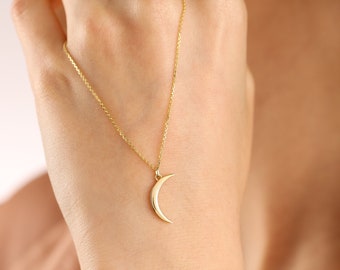 14K Solid Gold Crescent Moon Necklace: Dainty Celestial Pendant