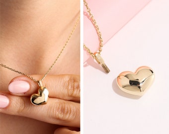 Collana per cremazione a forma di cuore gonfio in oro 14 carati, ciondolo per urna portacenere, regalo di gioielli commemorativi