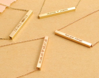 14K Gold Four Sided Custom Bar Necklace, Horizontal 3D Bar Necklace, Floating Name Bar Necklace, Engrave Coordinate Date Gift For Mothers