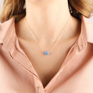 14K Gold Ball Necklace, Opal Bead On Real Gold Necklace Floating 14k Solid Gold Chain, 18K Gold Dainty White Opal Necklace