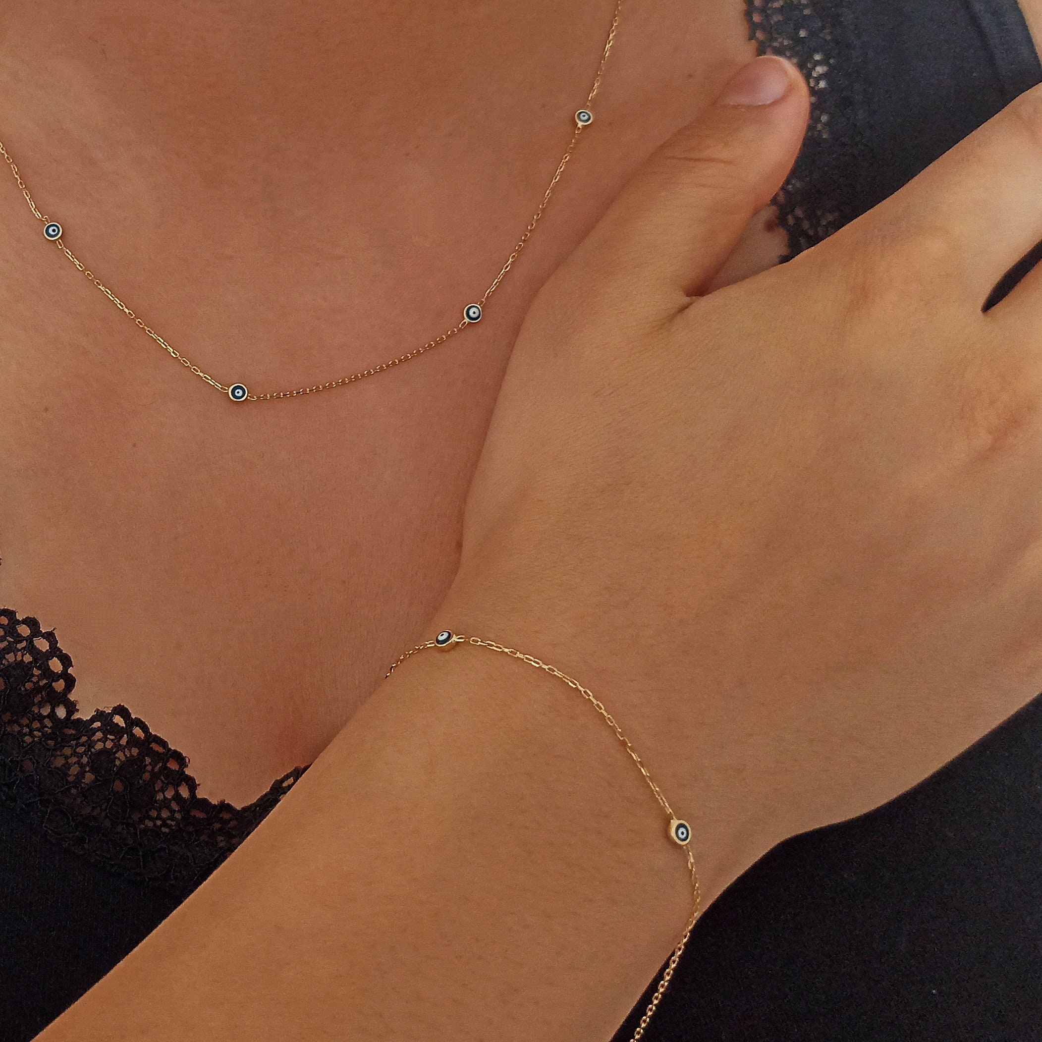 14K Gold Evil Eye Bracelet, Enamel Turkish Evil Eye Protection Bracelet, Tiny Greek Eye Stylish Gold Bracelet Gift For Mom Or Birthday Gift