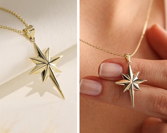 14k Solid Gold North Star Necklace, Polaris Pendant, Minimalist 3D Northern Star Charm Necklace, Star Celestial Guide Jewelry Gift For Her