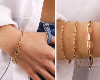 14K Gold Paperclip Chain Bracelet, Real Gold Paper Clip Link Bracelet, 3 Different Sizes Rectangle Link Bracelet, Gift For Mom Gift For Wife