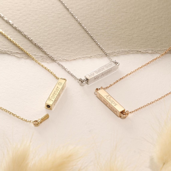 14K Solid Gold Cremation Urn Bar Necklace, Personalized Urn Pendant, Memorial Jewelry For Ashes