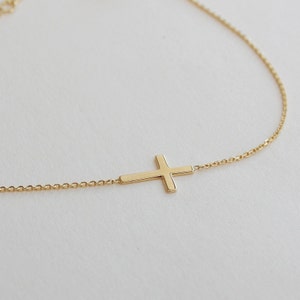 14K Gold Tiny Cross Bracelet, Mini Sideways Cross Bracelet, Celebrity Style Cross Bracelet Gift For Christmas Gift For Mother, Baptism Gift image 7
