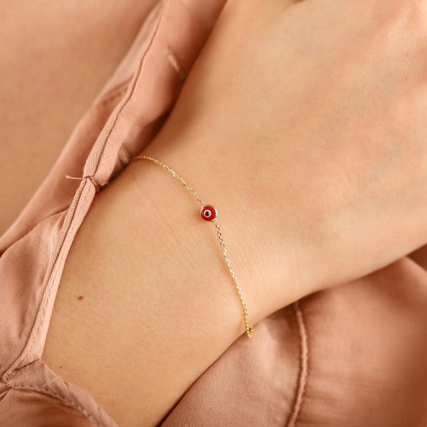 14K Gold Evil Eye Bracelet, Red Evil Eye Protection Bracelet, 1 2 3 4 Station Evil Eye Gold Bracelet Gift For Mom Or Birthday Gift