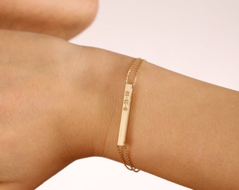 14K Solid Gold Personalized Name Bar Bracelet, Family Name Bracelet , Custom 4 Sided Bar Bracelet, Engreved Name Bracelet Gift For Mothers