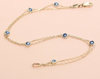 14K Gold Evil Eye Bracelet, 2 Strands Turkish Evil Eye Protection Bracelet, Two strand Greek Eye Gold Bracelet Gift For Mom Or Birthday Gift