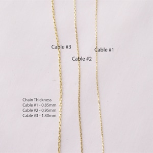 May include: Three gold-coloured metal cable chains labelled Cable #1, Cable #2, and Cable #3. The text indicates chain thicknesses of 0.85mm for Cable #1, 0.95mm for Cable #2, and 1.30mm for Cable #3. The chains are displayed vertically side by side.