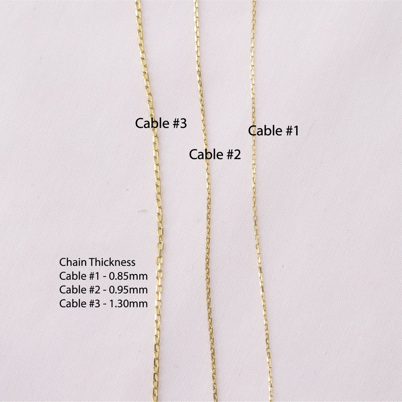 May include: Three gold-coloured metal cable chains labelled Cable #1, Cable #2, and Cable #3. The text indicates chain thicknesses of 0.85mm for Cable #1, 0.95mm for Cable #2, and 1.30mm for Cable #3. The chains are displayed vertically side by side.