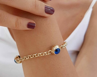 Pulsera de cadena rolo con ojo turco de oro de 14 quilates, ojos azules de 6-7-8-9 mm