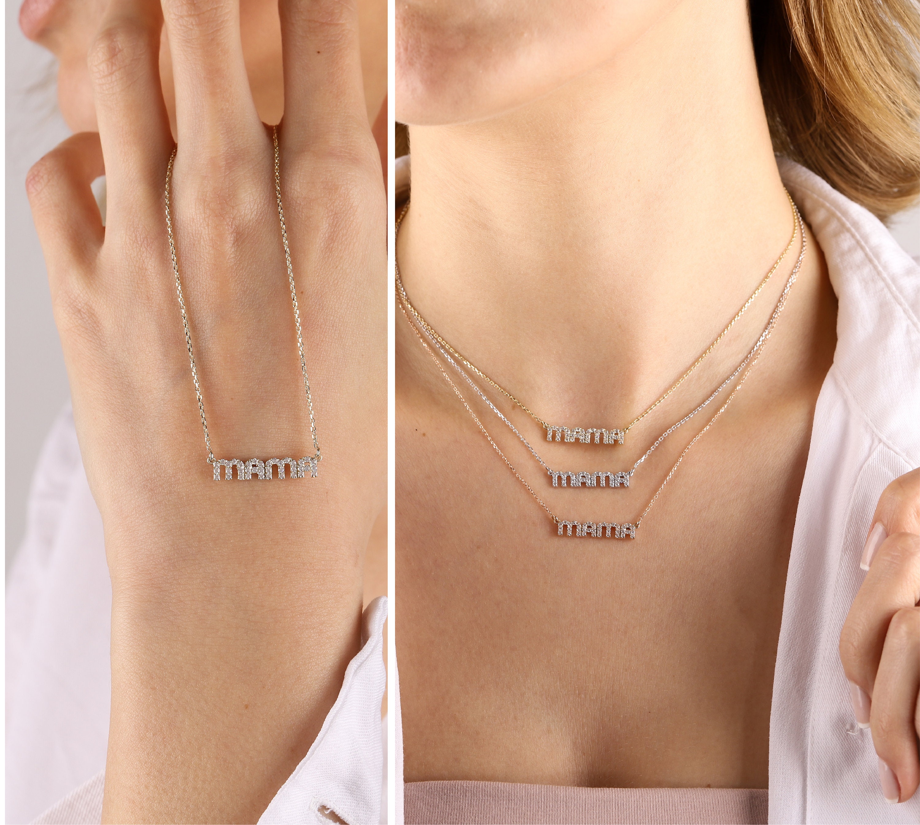 14K Gold Diamond Mama Necklace 18K Gold 