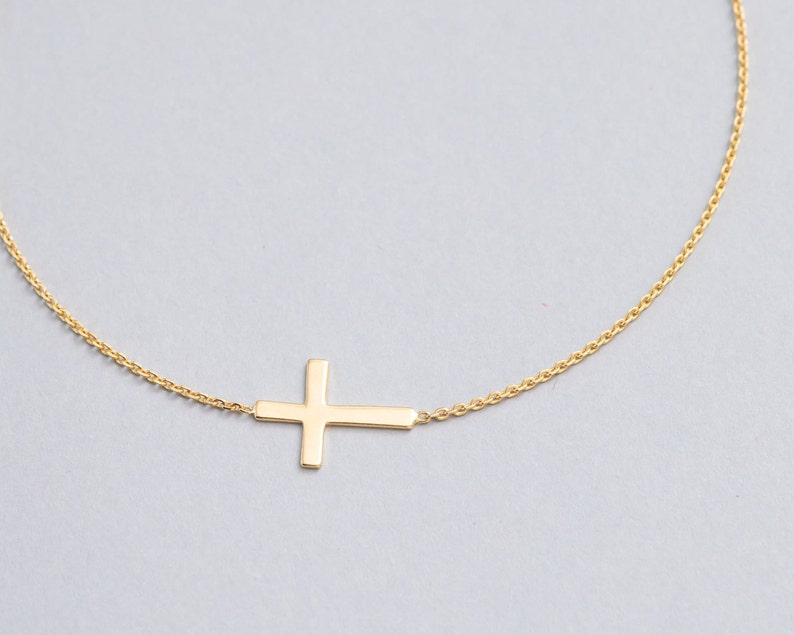 14K Gold Tiny Cross Bracelet, Mini Sideways Cross Bracelet, Celebrity Style Cross Bracelet Gift For Christmas Gift For Mother, Baptism Gift image 2