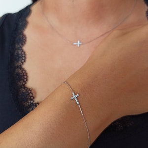 Diamond Cross Necklace, 14K Gold Sideways Cross Necklace, Celebrity Style Cross Necklace with CZ Stones Gift For Christmas, Gift Fot Her