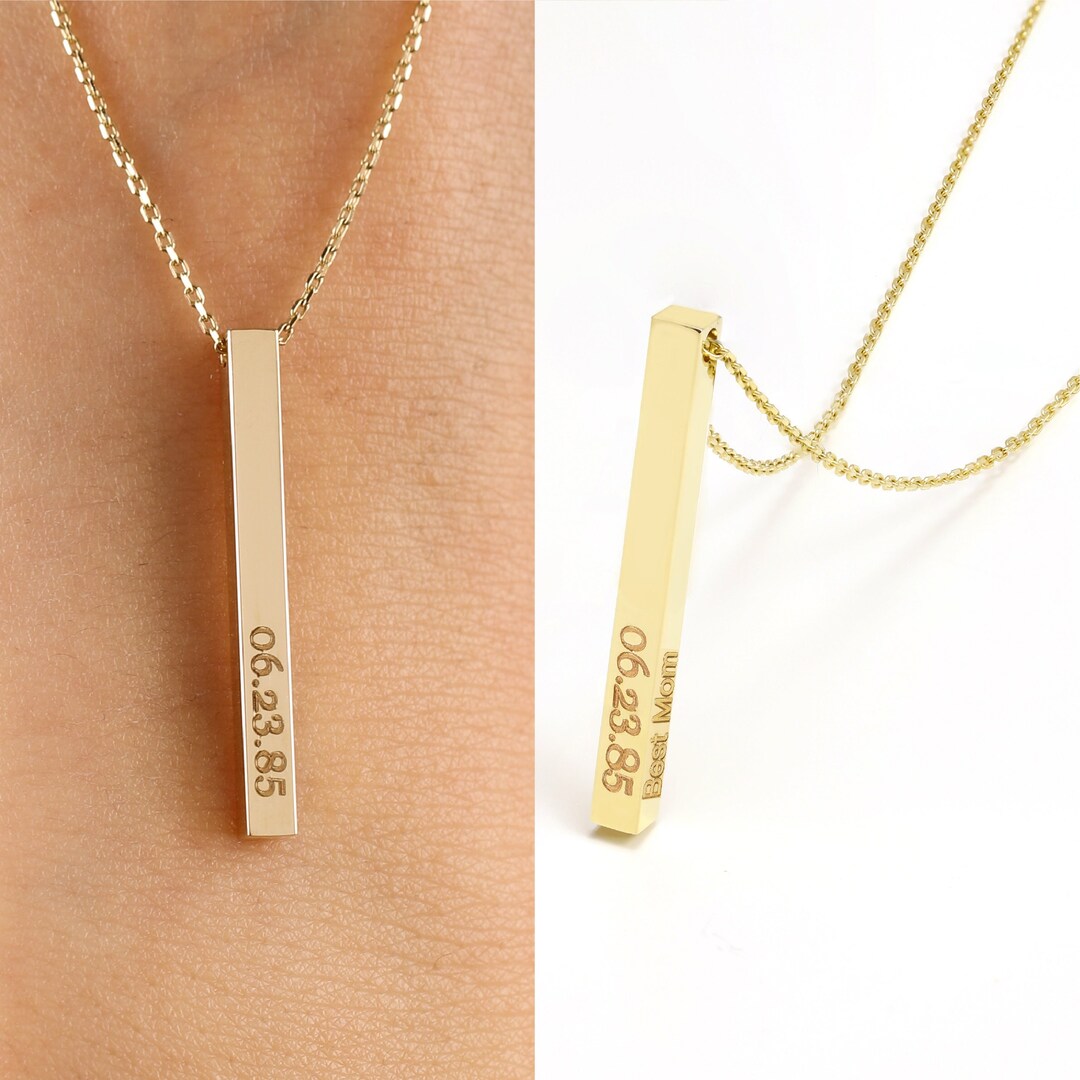14K Solid Gold Personalized Vertical Name Bar Necklace, Family Name