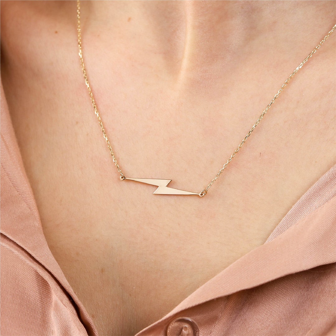 14K Gold Lightning Bolt Necklace, 18K Solid Gold Lightning Choker