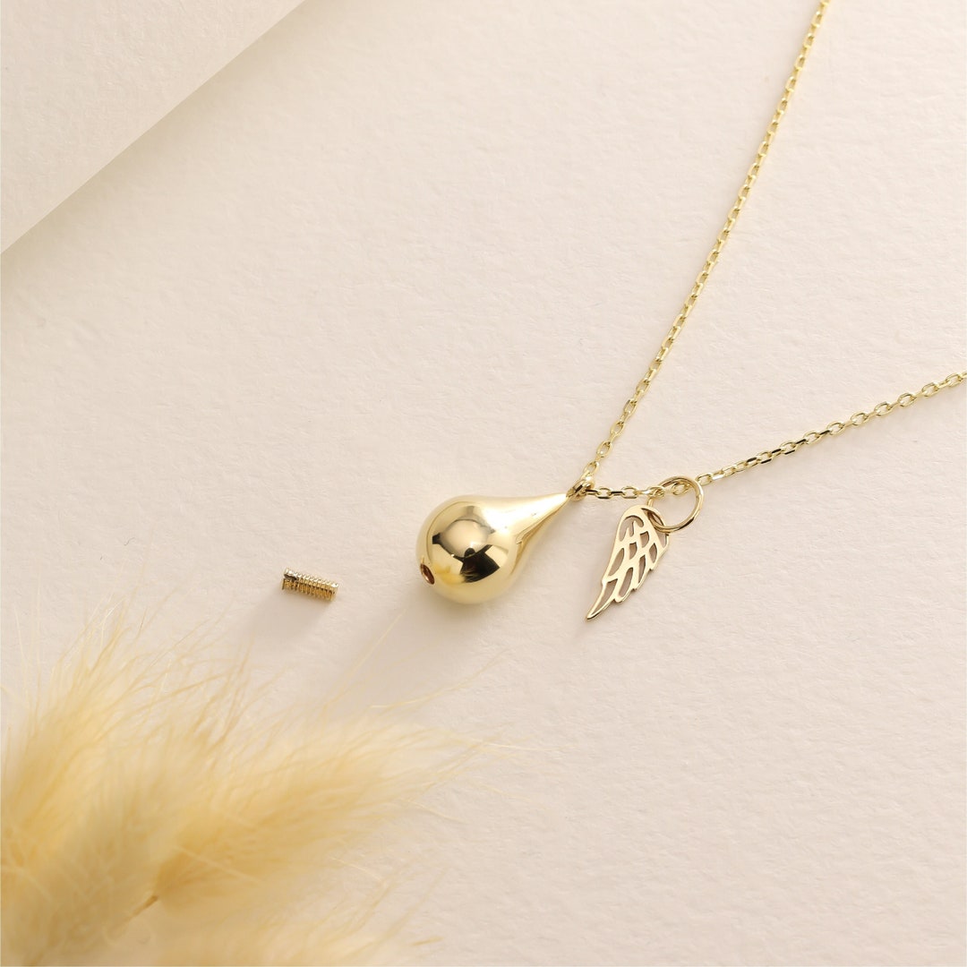 14K Solid Gold Tear Drop Cremation Urn Necklace, Dad Mom Baby