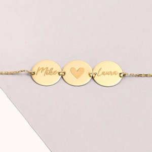 14K Gold Custom Name Bracelet, Personalized Initial Disc Brecelet, Gold Engravable Name Multi Tag Disk Bracelet a Gift For Mothers