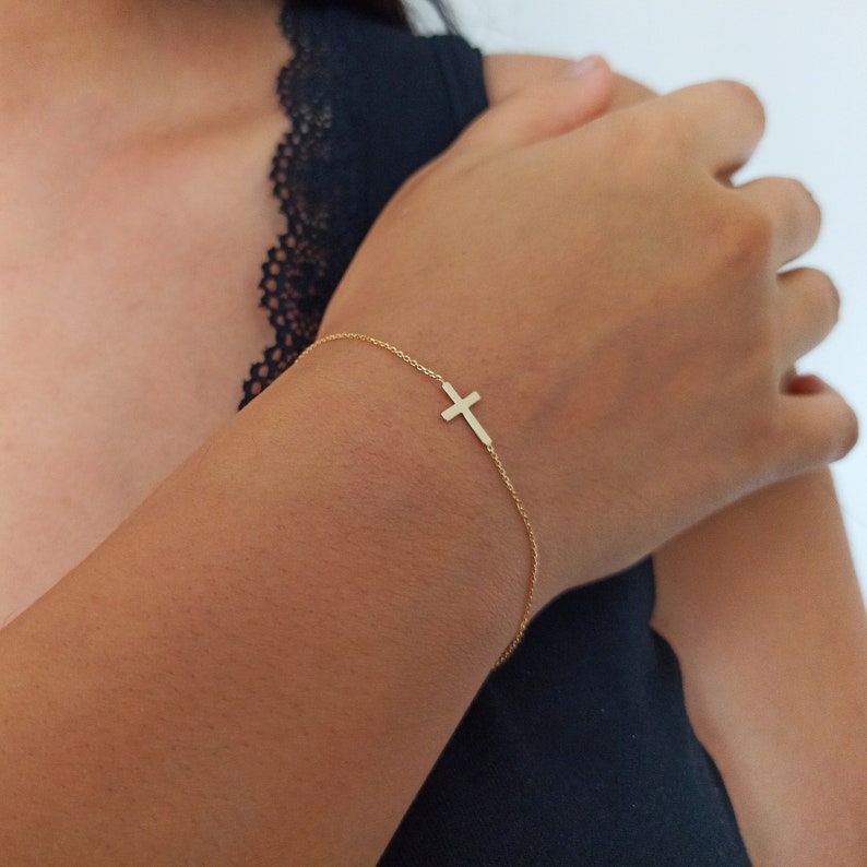 14K Gold Tiny Cross Bracelet, Mini Sideways Cross Bracelet, Celebrity Style Cross Bracelet Gift For Christmas Gift For Mother, Baptism Gift image 1