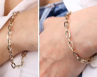 Pulsera de cadena de oro de 14 quilates con eslabones ovalados gruesos