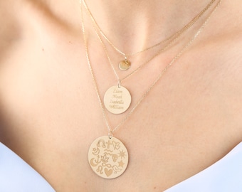 14K Solid Gold Disc Necklece, Custom Name Disk Necklace, personalized Date Coin Necklace, Additional Initial Charm Necklace Mothers Gift