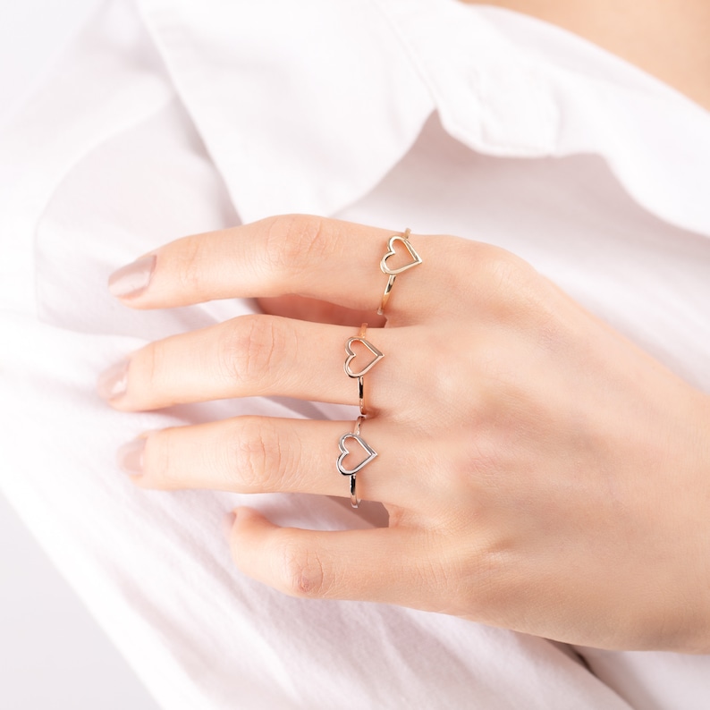 14K 18K Solid Gold Heart Ring, Dainty Rose Gold Heart Ring, Minimal Heart Ring Gift For Girl Friend Bridesmaid Gift , Gift for Women image 4